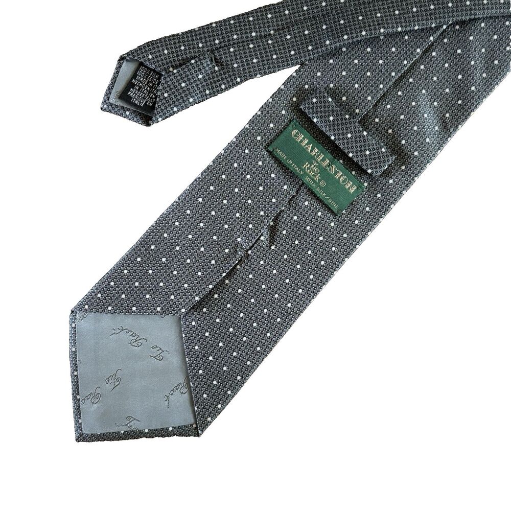 Tie Rack Charleston Italian Silk Necktie Grey White Polka Dot Preppy Classic 90s